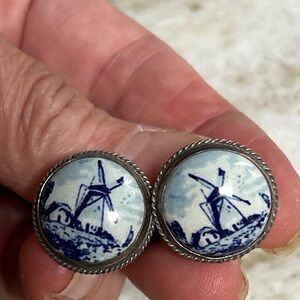 Blue and White Windmill Cufflinks sterling silver set & tie tack Holland mens